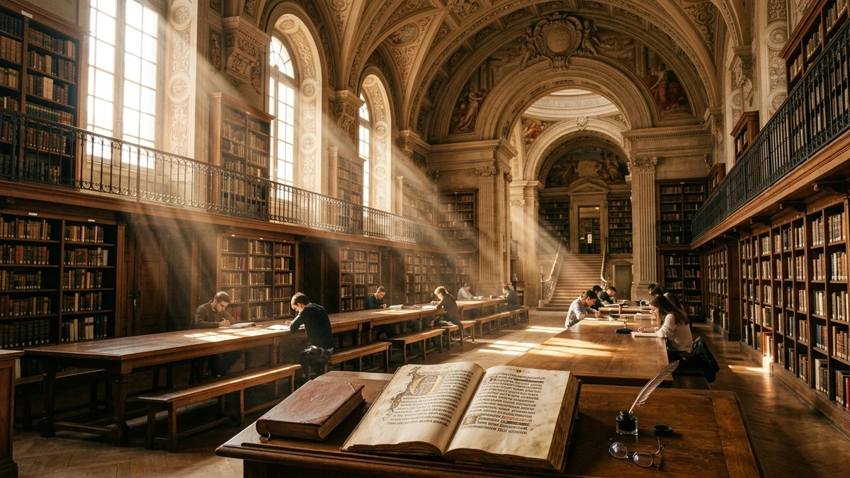 Środki stylistyczne i teoria literatury - zabytkowa czytelnia biblioteki uniwersyteckiej z promieniami słońca padającymi na księgi retoryczne